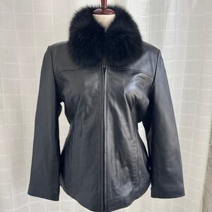 Vintage Genuine Lambskin Fur Detachable Collar Black Jacket Worthington Luxury